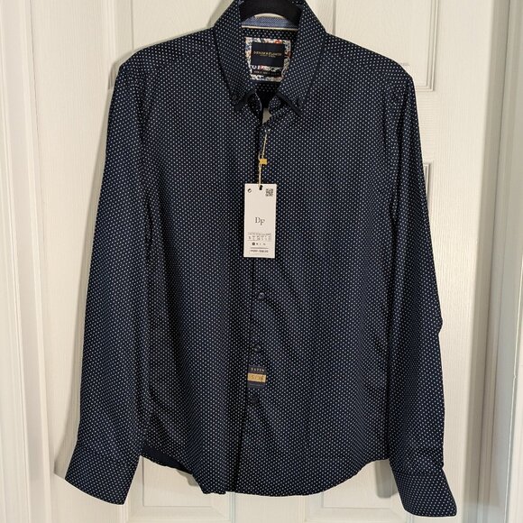 NWT DENIM & FLOWER NAVY SATIN LONG-SLEEVE BUTTON-UP SHIRT - Picture 5 of 7